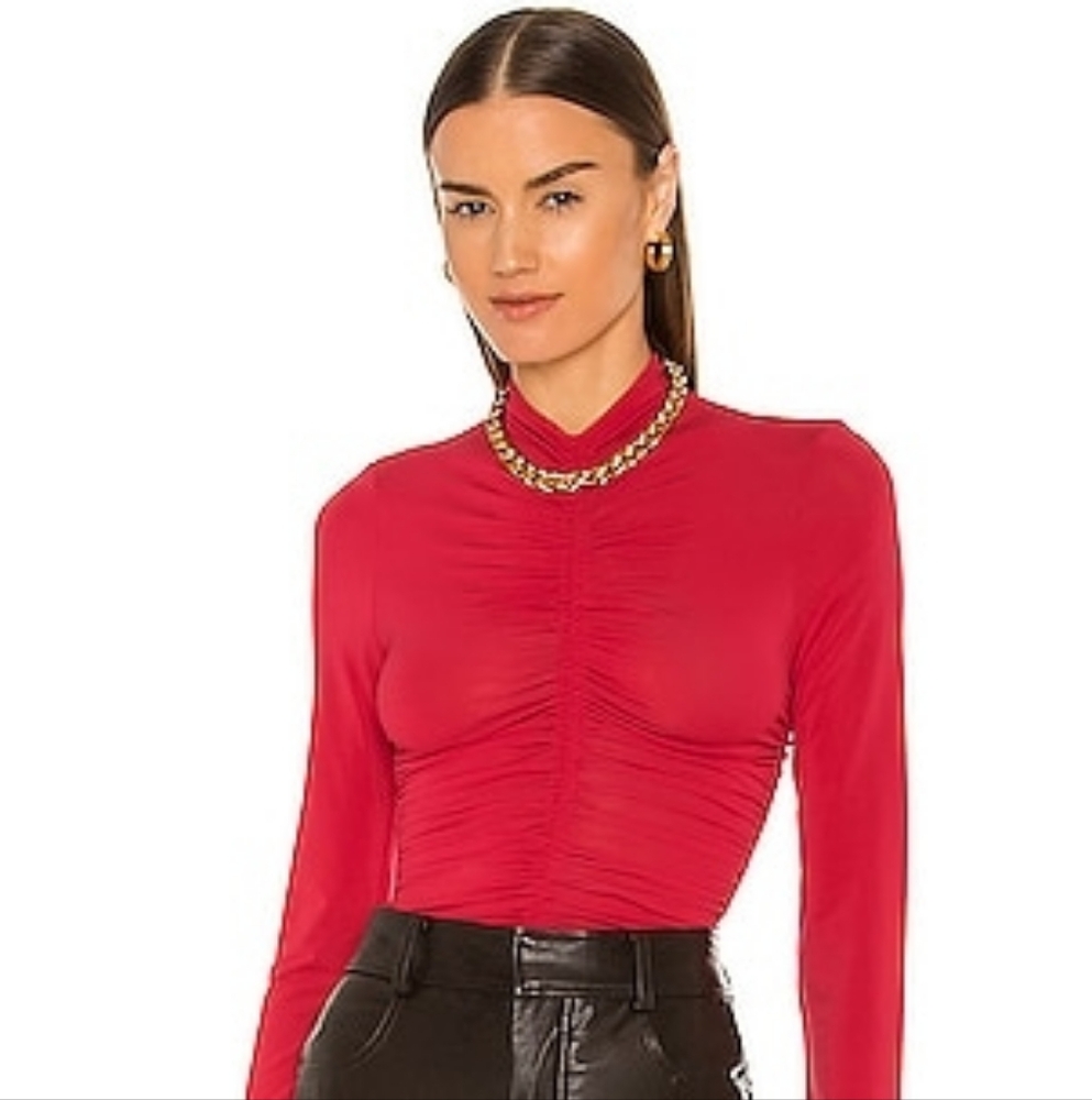 A.L.C. ANSEL Vibrant RED Pink Ruched Blouse TOP Mint back Zip Sheer Mesh SZ. S
